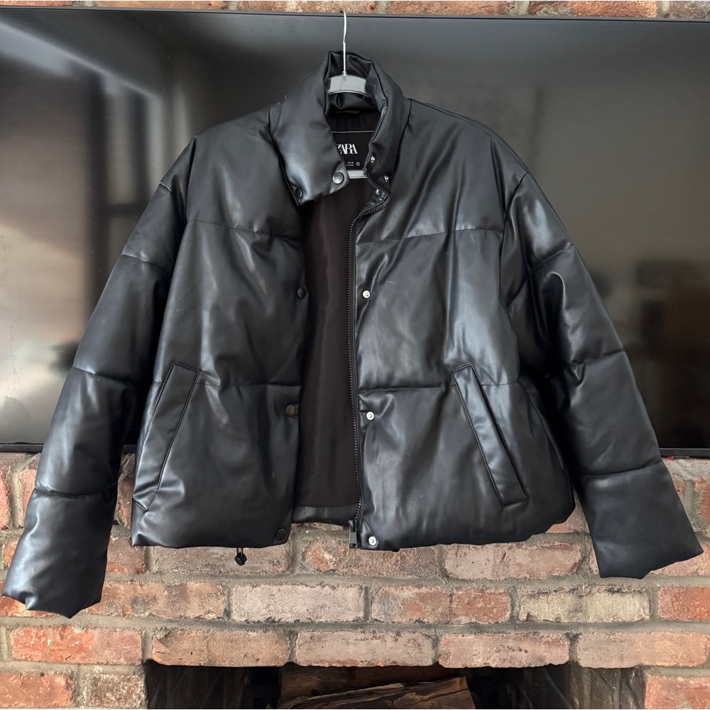 Zara Black Vegan Leather Puffer Jacket